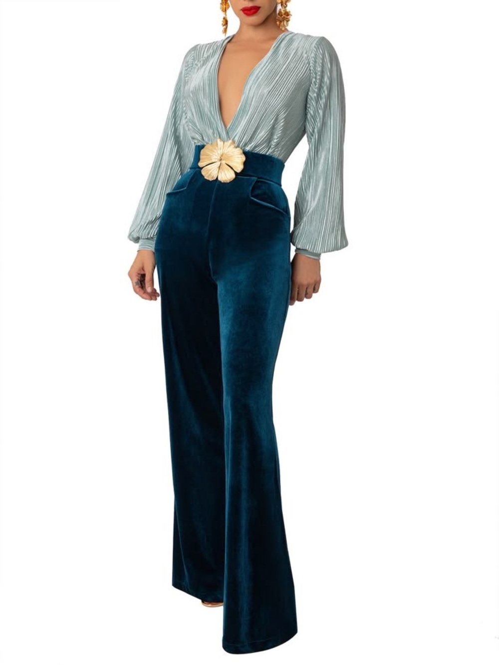 Deep Teal Velvet High-Waist Wide-Leg Jumpsuit
